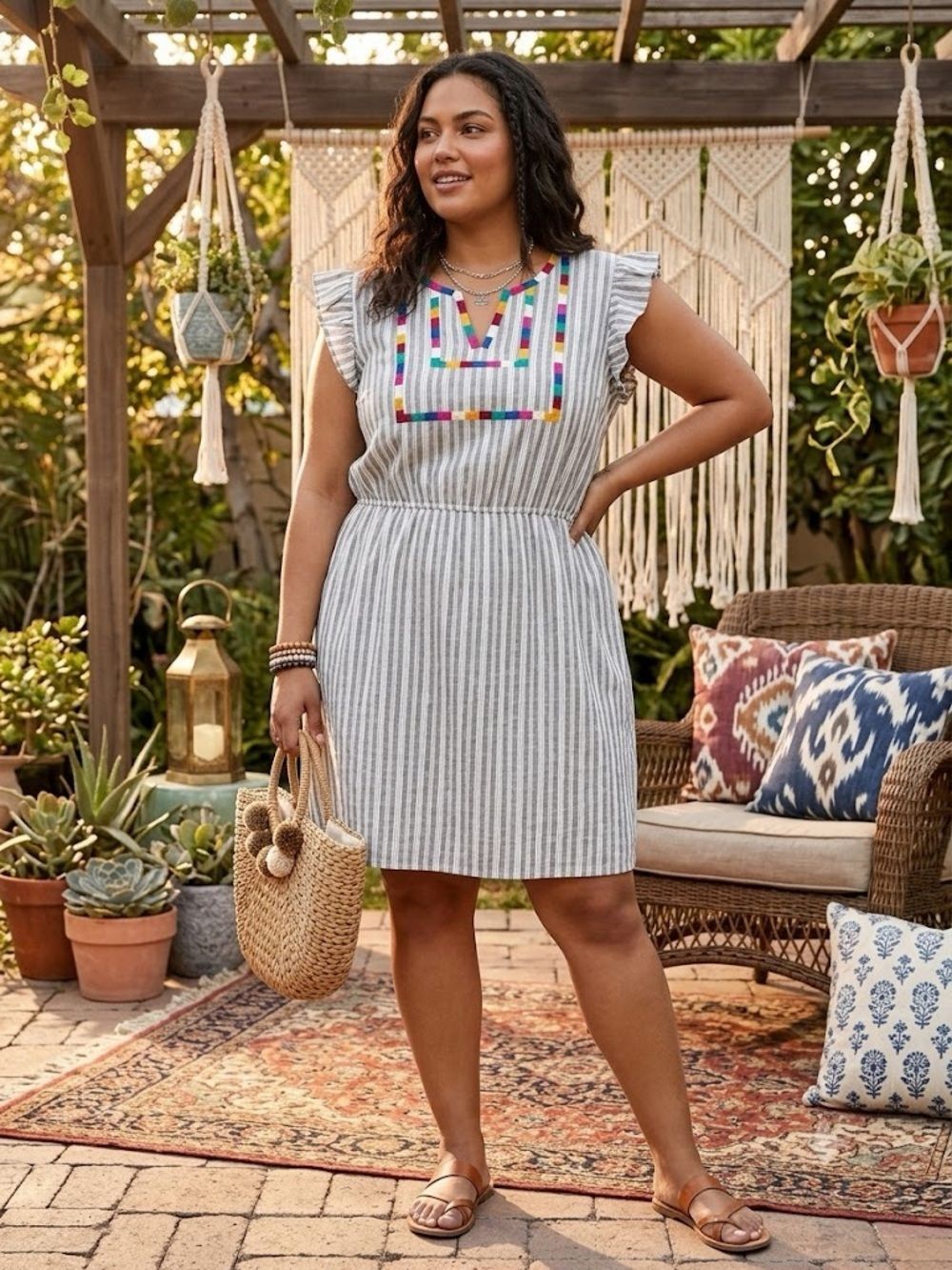 Savanna Jane Embroidered Boho Dress 3X Gray White Stripes Knee Length